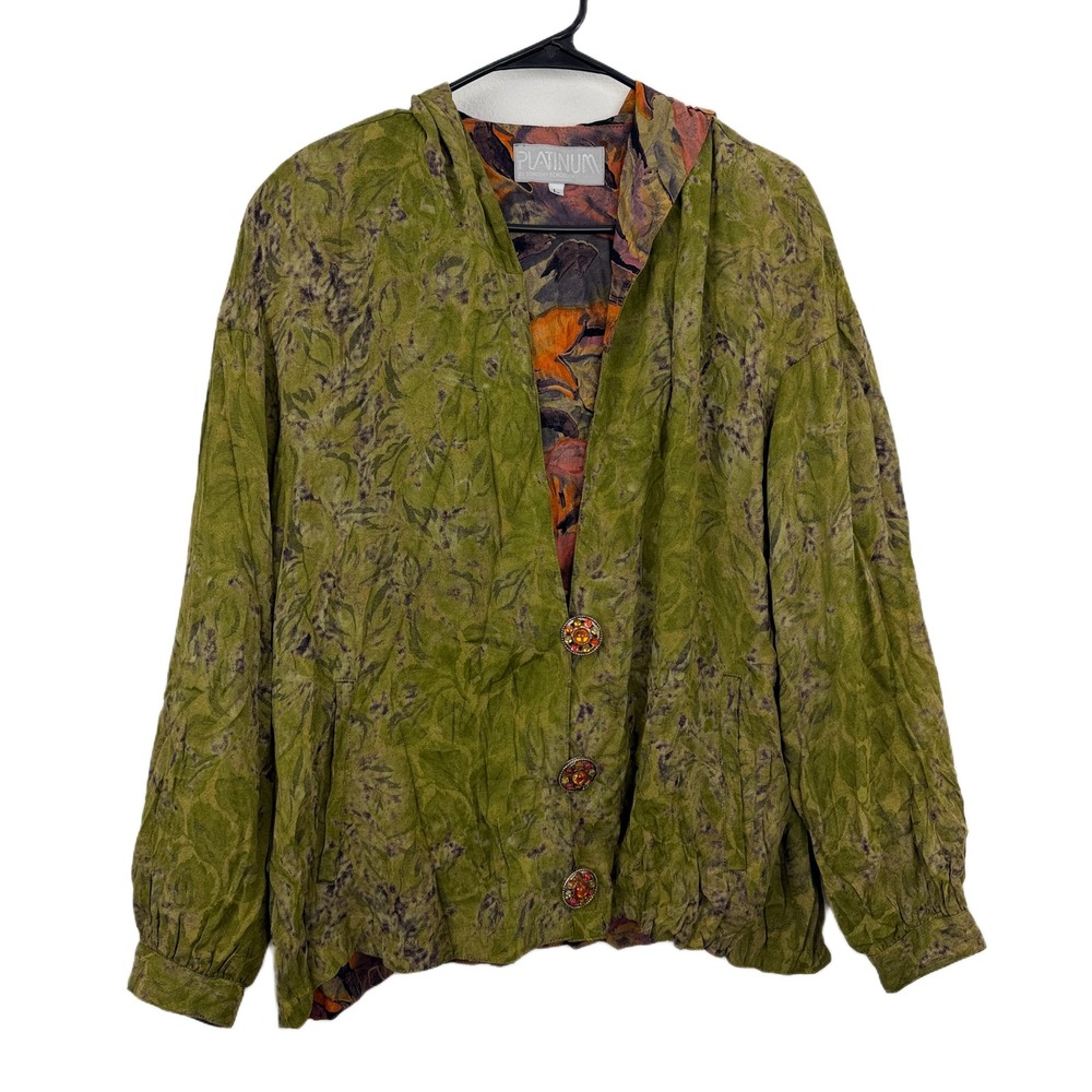 Platinum Dorothy Schoelen Jacket Womens Large Green Hooded Boho Jeweled Button
